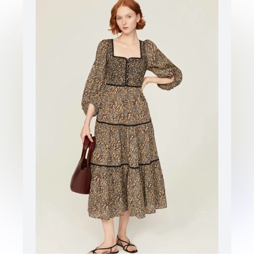 Madewell Cottage Garden Tiered black floral print Midi Dress sz 2
